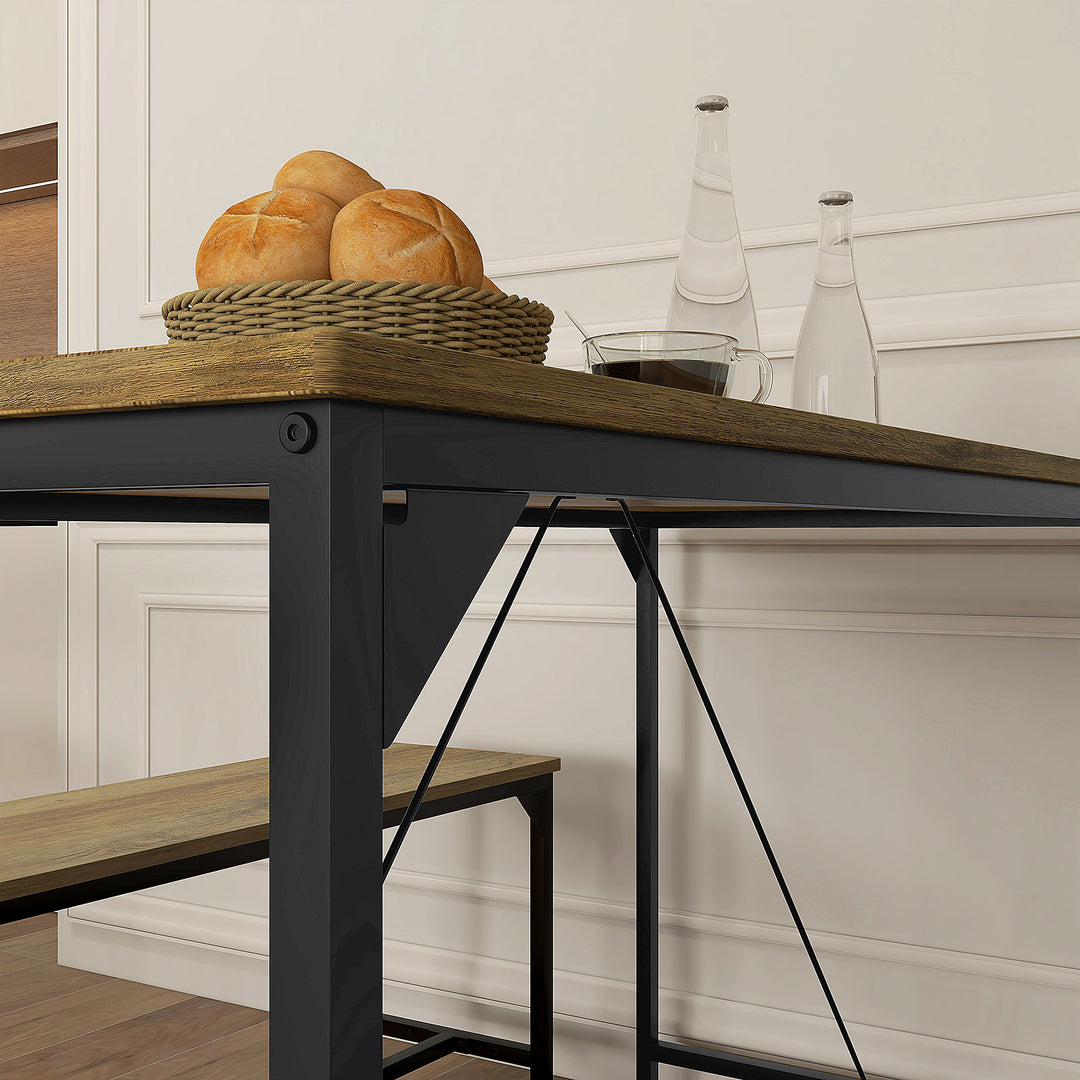 Spisesæt, bord og 2 bænke, industrielt design, stålstel, trædekor/sort