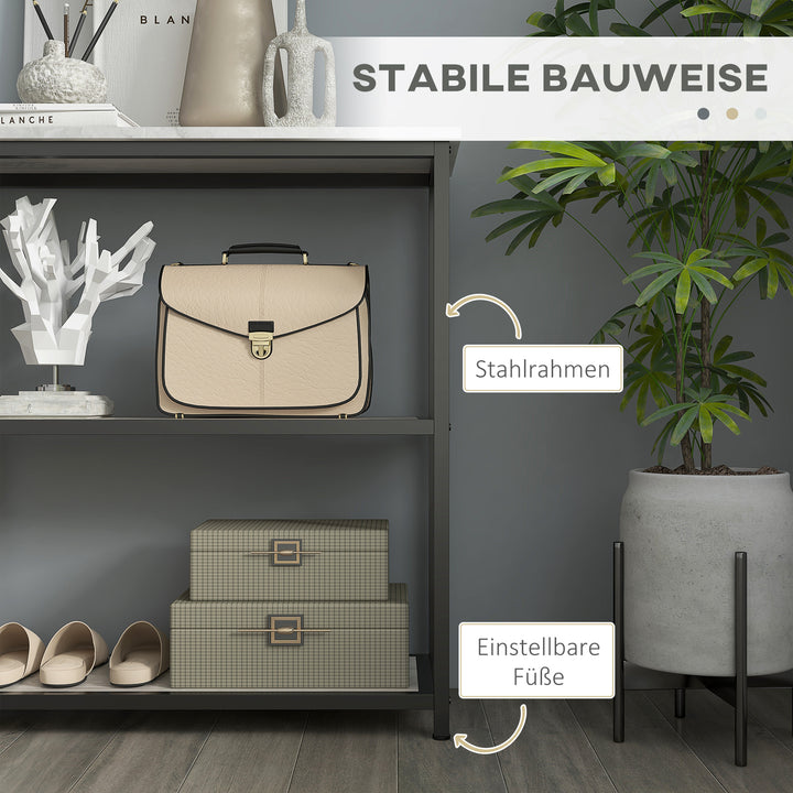 Konsolbord i industrielt design, 2 hylder, marmorlook, sort + hvid