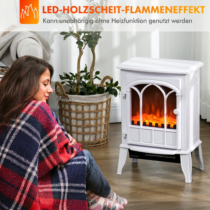 Elektrisk pejs med varmelegeme, LED-flammeeffekt, dekorativ pejs, hvid