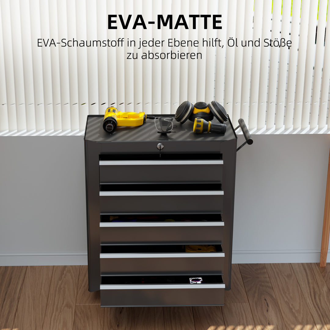 Værktøjskasse, værktøjsskab, sammenrullelig, 5 skuffer, stål, sort