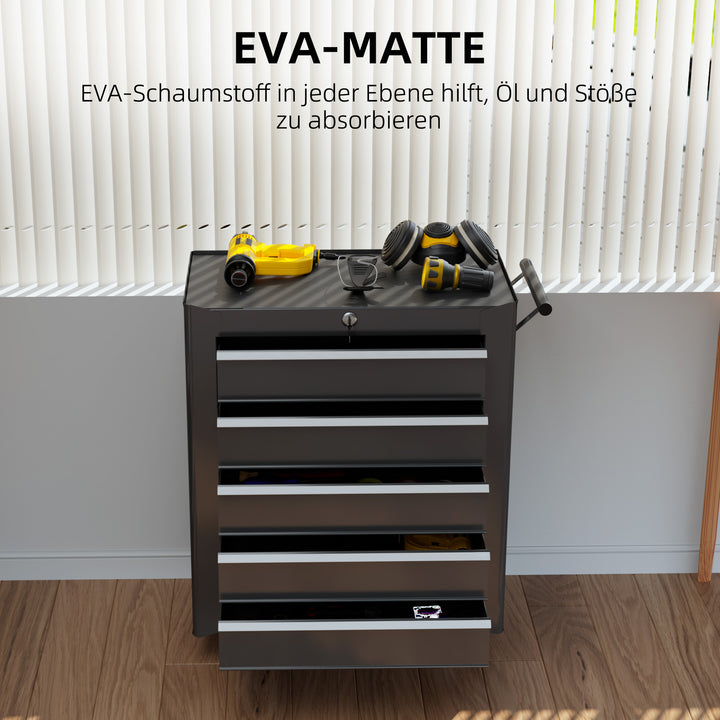 Værktøjskasse, værktøjsskab, sammenrullelig, 5 skuffer, stål, sort