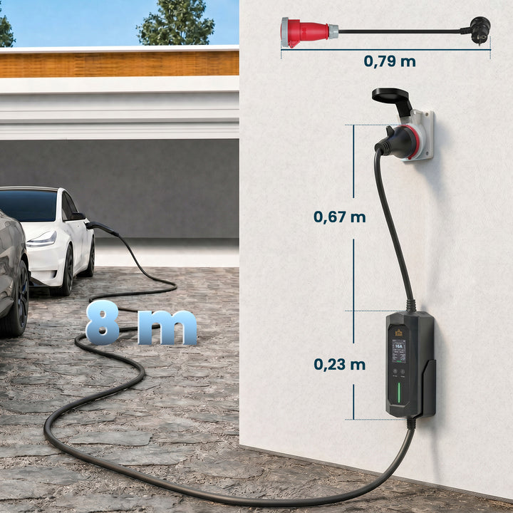Mobil vægboks 11kW 8m Type 2 CEE 6-16A til Type 2 IP65 til elbiler med hybridladning