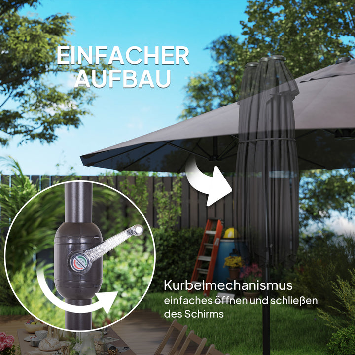Dobbelt parasol 455 x 265 cm, UV-beskyttende parasol med håndsving, vindtæt balkonparasol, håndsvingparasol, solskærm til balkon og have, grå