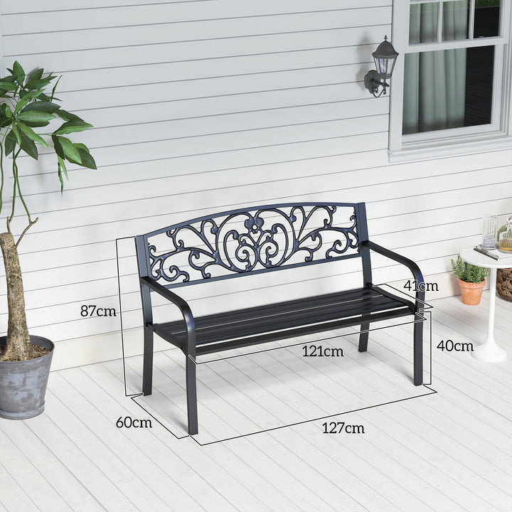 Metalhavebænk, blomsterdesign, 2-personers, 240 kg lasteevne, stål, 127L x 60B x 87H cm, sort