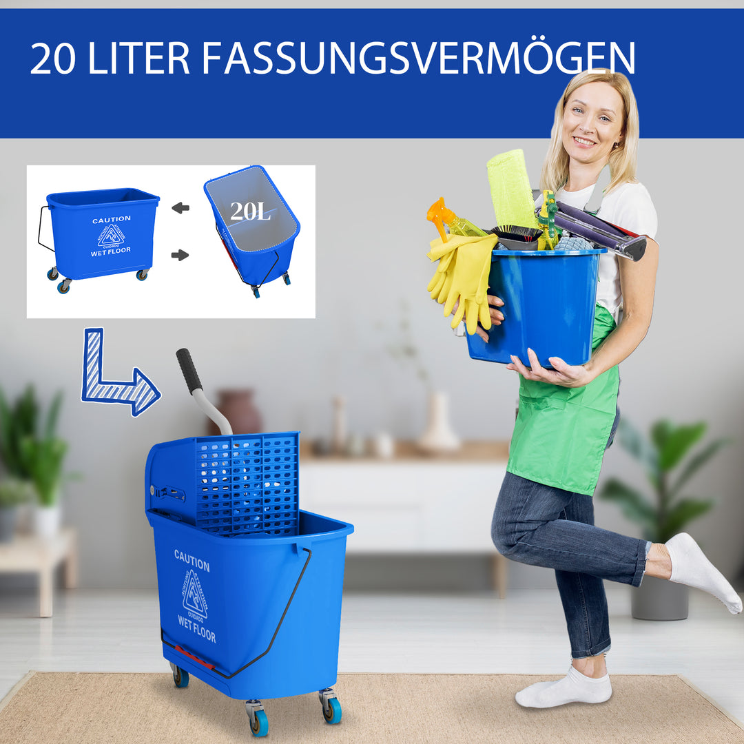 20L moppespand med vridemaskine og håndtag, moppespand på hjul, plastik, blå