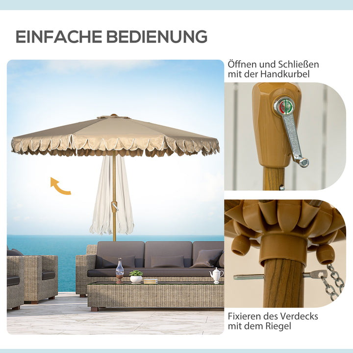 Parasol, med frynser, vipbar, med håndsving, stål+polyester, khaki, Ø264 x 240 cm