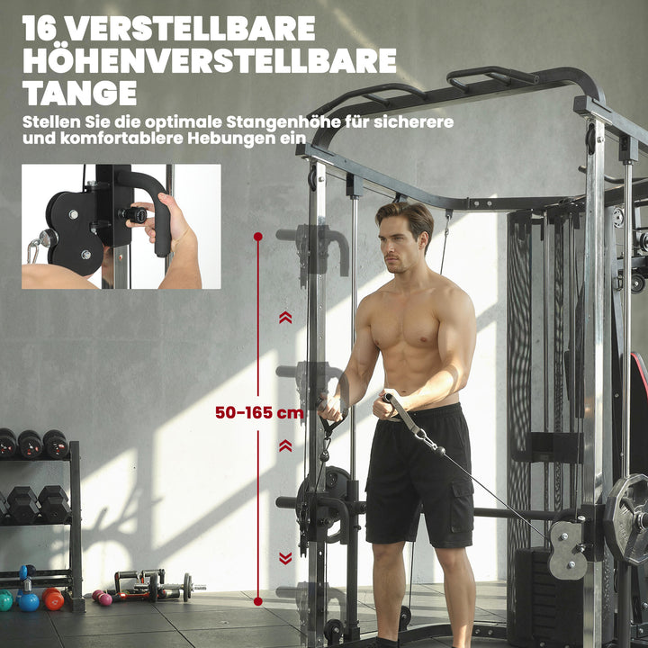 Power rack fitnessstation med 65 kg vægte, lat pulldown, butterfly bar, justerbar preacher bænk, bentræner