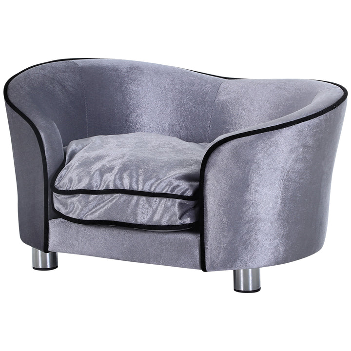 Hundesofa, hundeseng, vaskbar sædehynde, plysbetræk, naturlig træramme, lysegrå, 69 x 49 x 38 cm