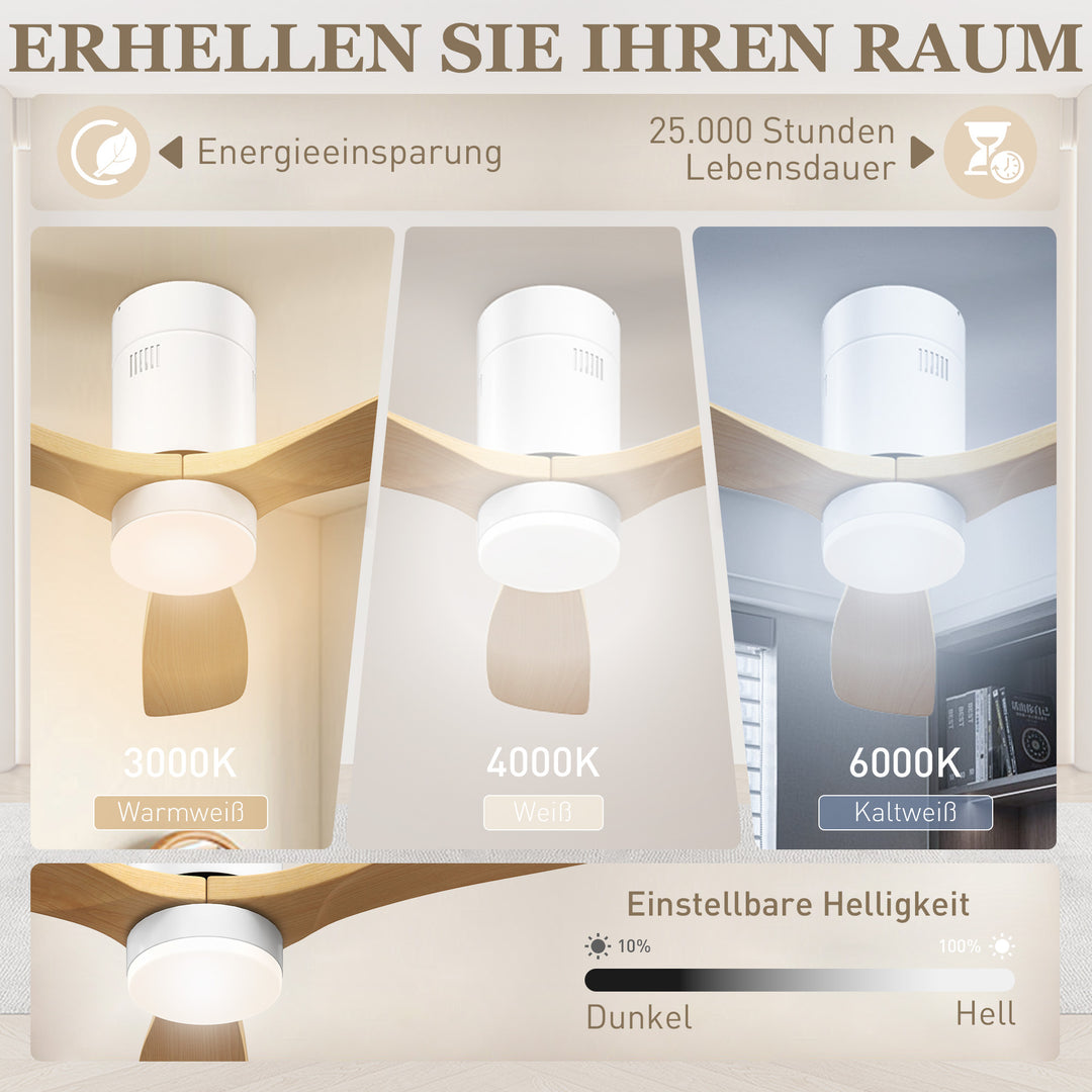 Loftsventilator med led-lys, 6 hastigheder, fjernbetjening, lysebrun