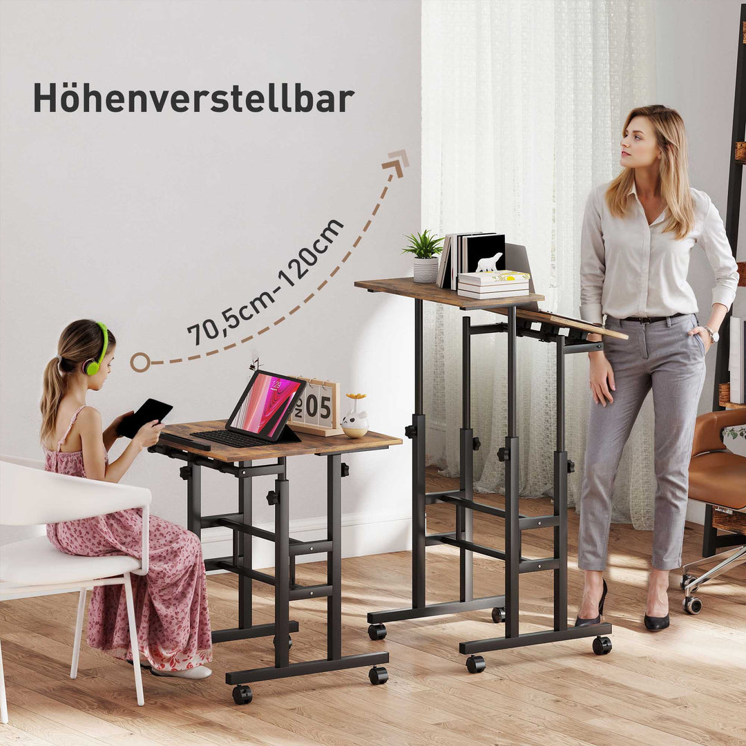 Højdejusterbart skrivebord, køkkenbord med hylde, hjul, rustikt brunt computerbord, 60 x 60 x 70,5-120 cm