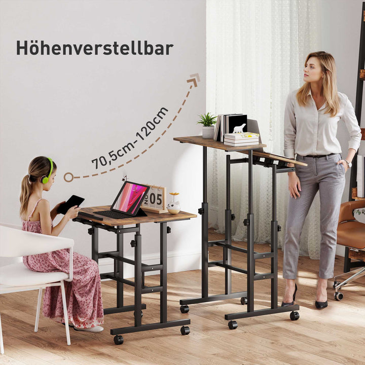 Højdejusterbart skrivebord, køkkenbord med hylde, hjul, rustikt brunt computerbord, 60 x 60 x 70,5-120 cm