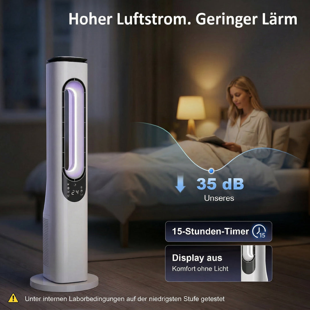 Rotorløs tårnventilator til soveværelser, 35 dB støjsvag standerventilator med 50° oscillation, LED-lys, 3 hastigheder, 15-timers timer, hvid