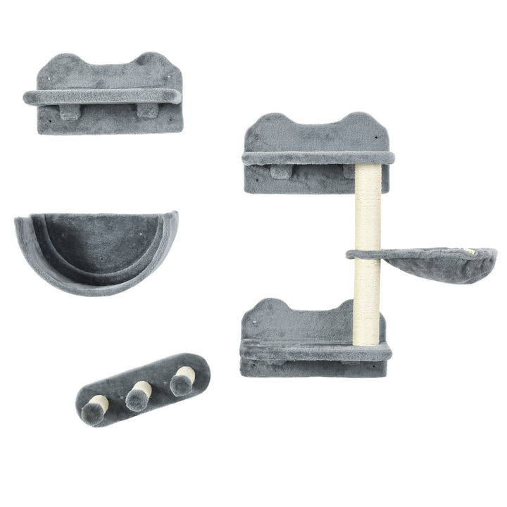 Klatrevægssæt til katte, hængekøje, kradsebræt, hoppeplatforme, plys, sisal, grå