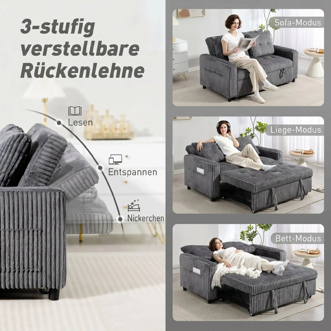 2-personers sovesofa i fløjl, omdannes nemt til seng, inkl. 2 puder og sidelommer, 157 x 190 cm, mørkegrå