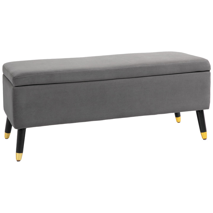 Bænk, polstret bænk med opbevaringsplads, kommodebænk, metal, skum, gummitræ, trækulsgrå, 110 x 43 x 45 cm
