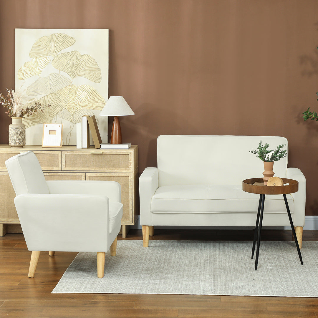 2-personers sofa, dobbeltsofa med gummiben i træ, polstret sofa til stue, soveværelse, cremehvid