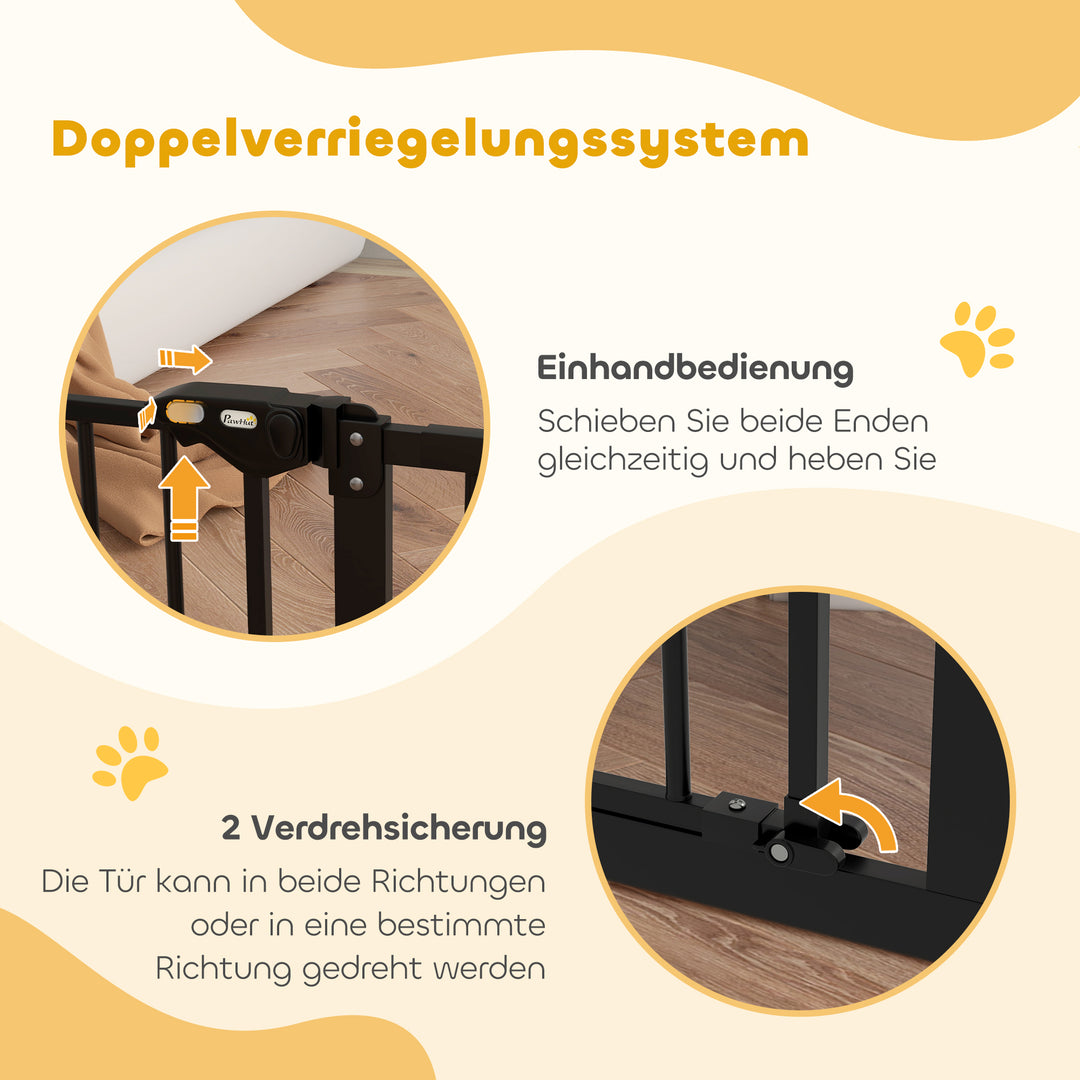 Sikkerhedslåge/trappegitter med 17,5/20,3/30,5 cm forlænger, ingen boring nødvendig, med automatisk lukkemekanisme, til bredder 74-147,5 cm, drejelig på begge sider, metal, sort