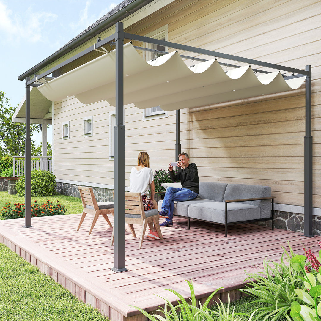 Havepergola, 3 x 3 m, udtrækkeligt tag og magnetisk pude, udendørs baldakin, havepavillon, UPF30+, metal, cremehvid