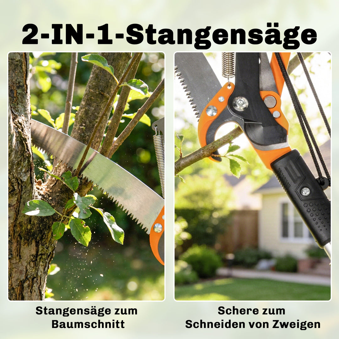 2-i-1 grenrundsav med integreret grensaks, trærundsav med teleskophåndtag 135/172/199 cm til høje grene, orange