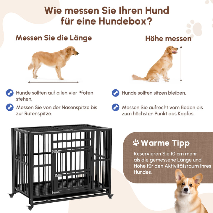 Hundebur, inklusive bundbakke, lås, universalhjul, 94 cm x 58 cm x 78 cm, sort