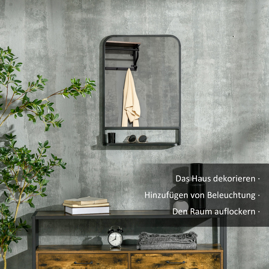 Vægspejl med metalramme, afrundede kanter, 1 hylde 70 cm x 10,2 cm x 50 cm Sort + Sølv