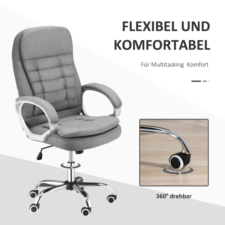 Kontorstol, arbejdsstol, skrivebordsstol, drejestol, 360° ergonomisk gyngefunktion, højdejusterbar, grå linned, 64 x 75 x 111-121 cm