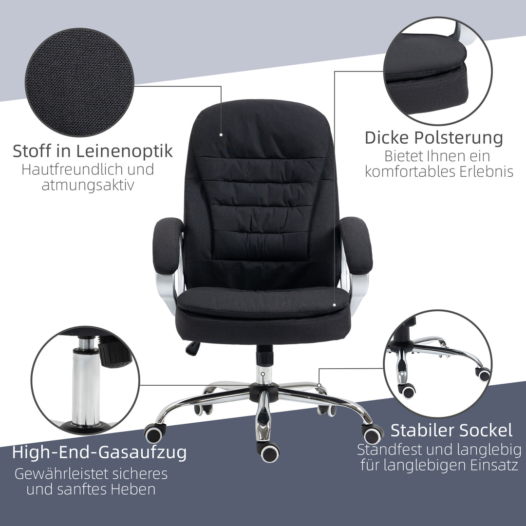 Kontorstol, arbejdsstol, skrivebordsstol, drejestol, 360°, ergonomisk, vippefunktion, højdejusterbar, sort linned, 64 x 75 x 111-121 cm