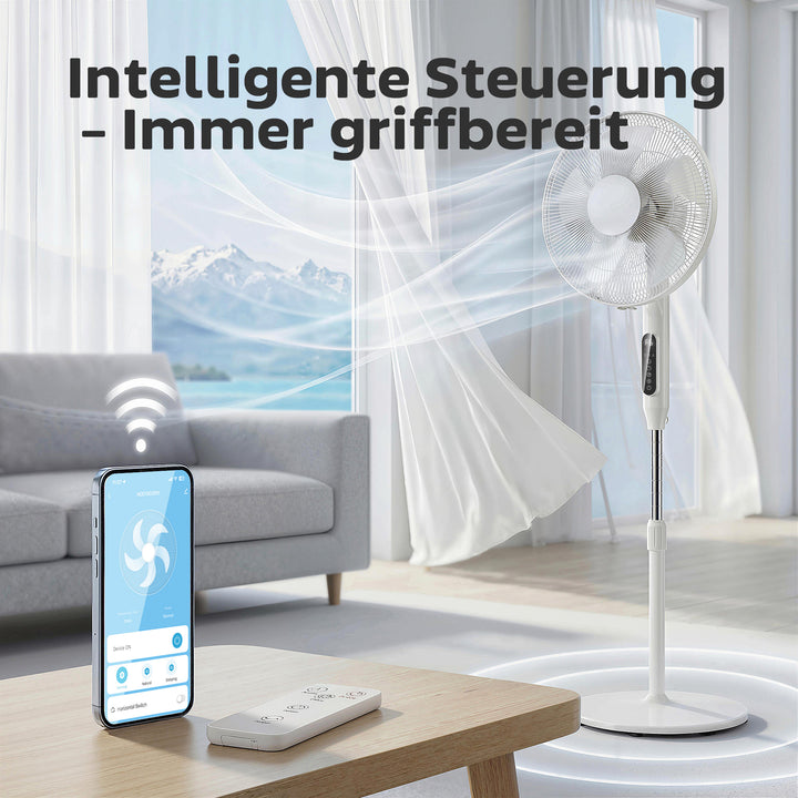 Sokkelventilator med 15-timers timer, 85° oscillation, LED-kontrolpanel, fjernbetjening, hvid