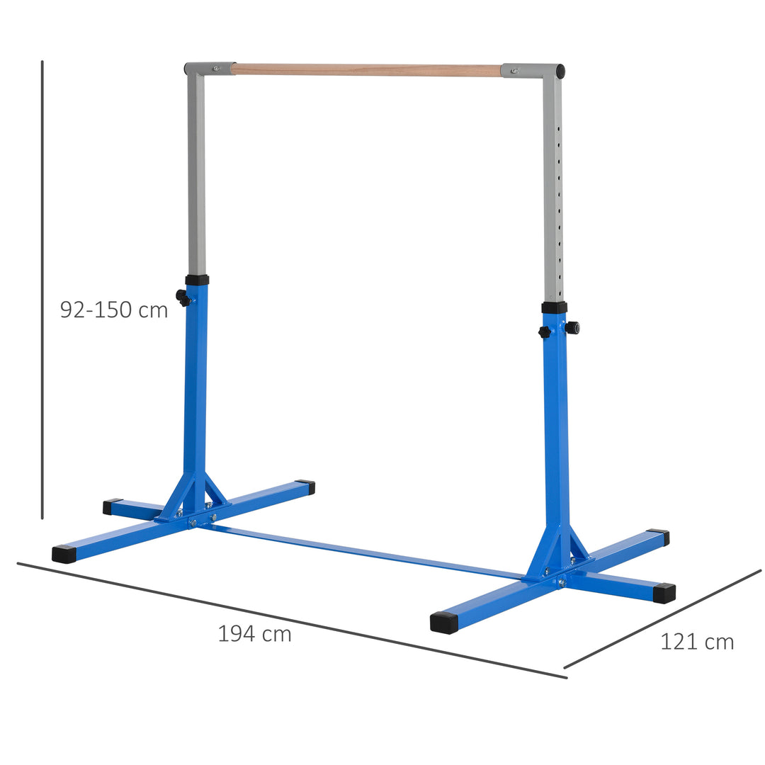 Gymnastikstang, 13 niveauer højdejusterbar, træ- og robust stålkonstruktion, lasteevne op til 75 kg, til 3+ børn, indendørs/udendørs, blå