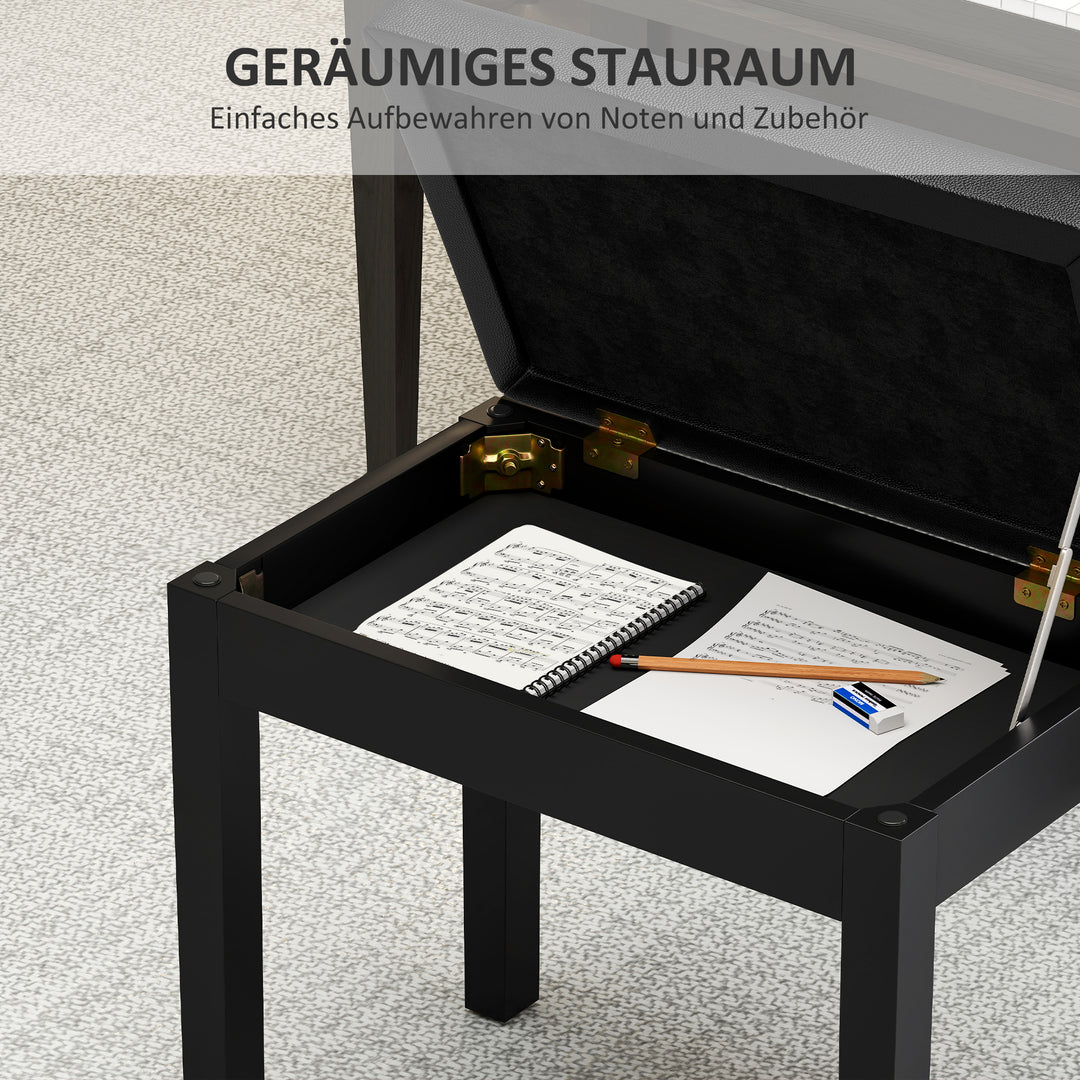 Klaverbænk, kunstlæderbetræk, quiltede knapper, opbevaringsplads, træben, sort