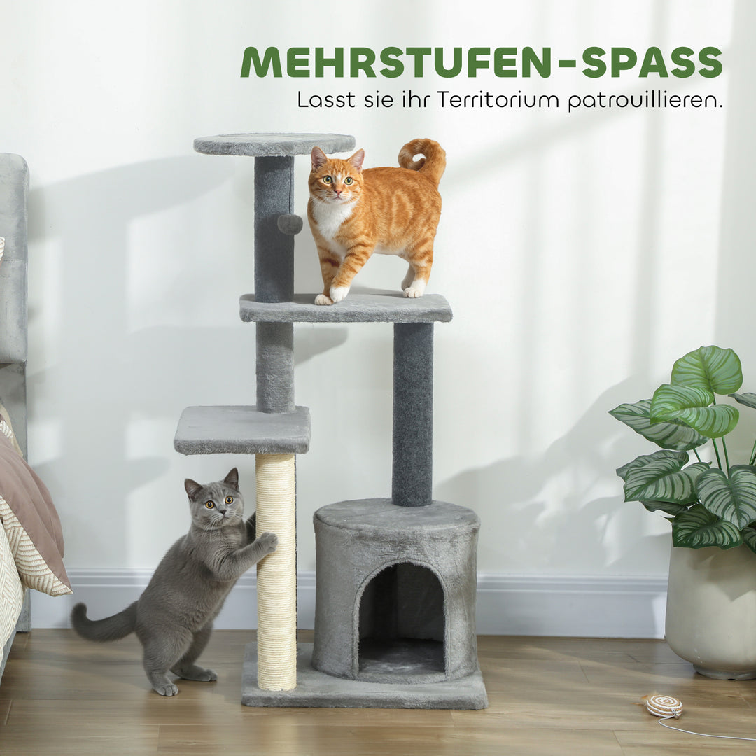 Kradsetræ 103 cm med kattehule, platforme, sisal kradsetræer, plysbold til katte op til 5 kg, grå