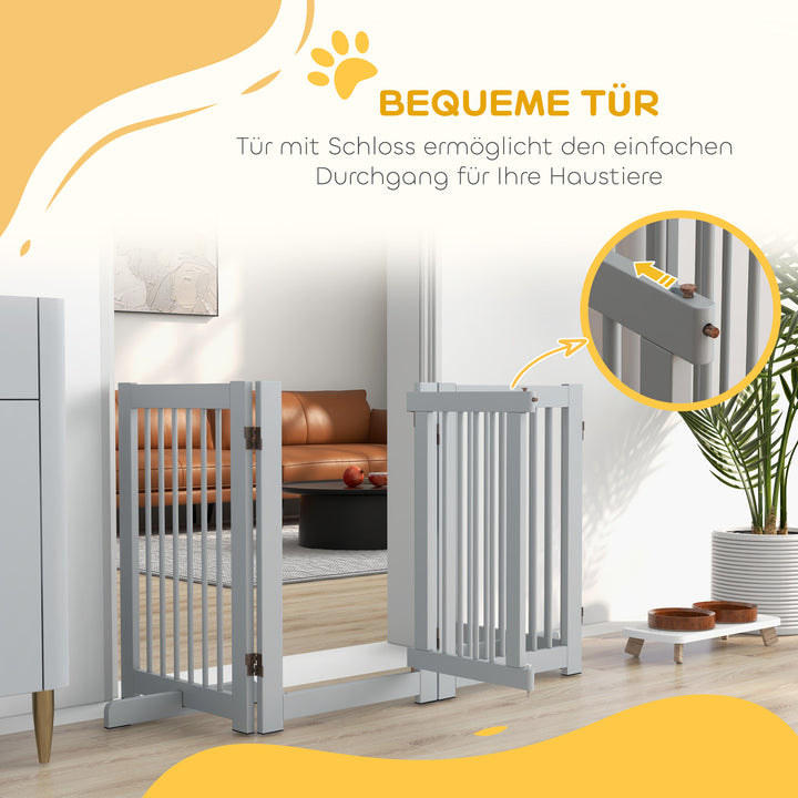 Fritstående hundegitter, 4 paneler, fleksibelt, fyrretræ, 204l x 36b x 75h cm, lysegrå