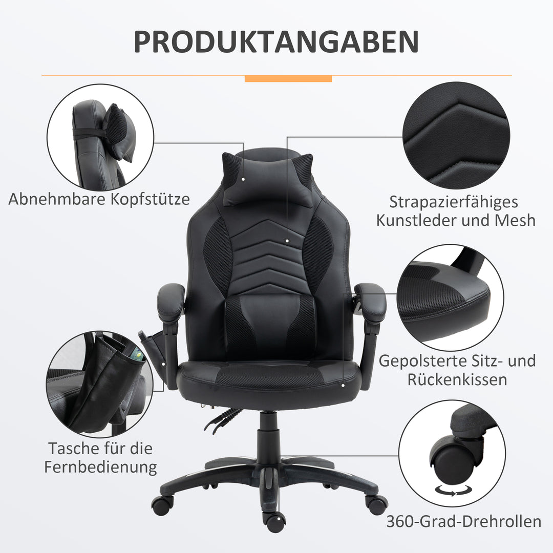 Kontorstol massagestol massagefunktion med 6 vibrationspunkter ergonomisk gamingstol med varmefunktion kunstlæder sort 68 x 69 x 108-117cm