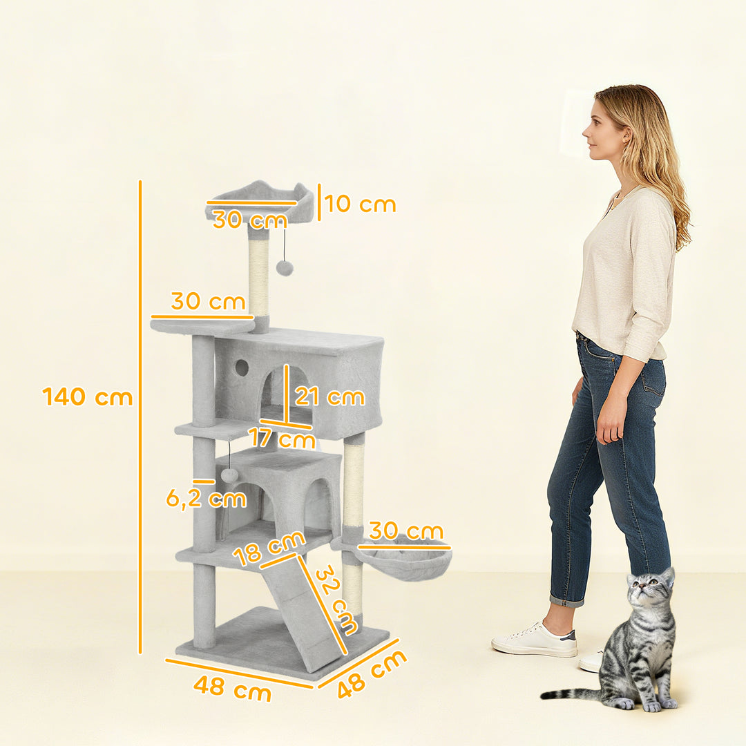 140 cm kradsetræ, flere niveauer, sisal kradsetræer, huler, plysplatforme, hængekøje, stige, legebolde