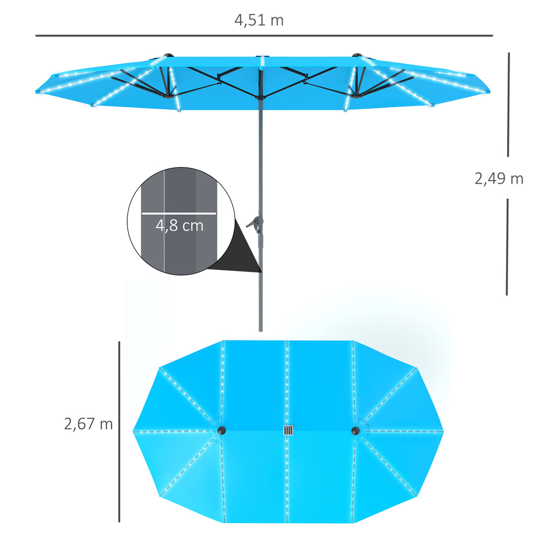 Dobbeltparasol med solcellelamper, aluminium, polyester, upf 50+ beskyttelse, uv-resistent, terrasseparasol, blå