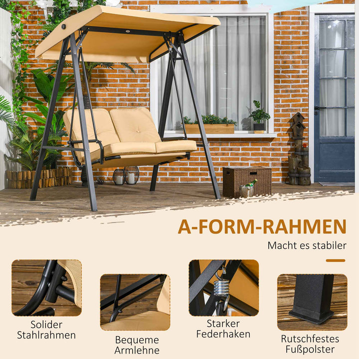 Hollywood gynge, 2-personers havegynge med justerbar baldakin, lasteevne op til 220 kg, 145 x 116 x 172 cm, beige