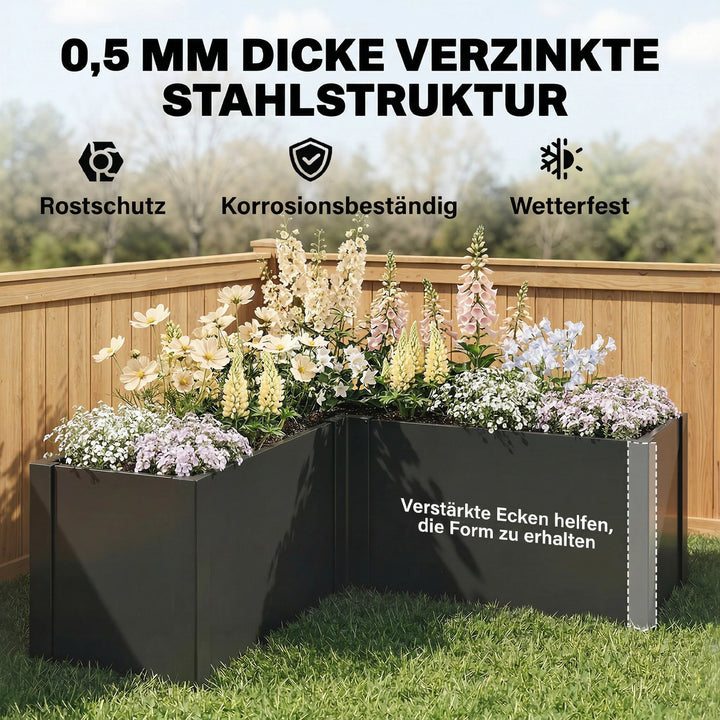 L-formet hævet havebed, vejrbestandig, plantebed/koldramme af galvaniseret stål, 150 x 150 x 55 cm, sort