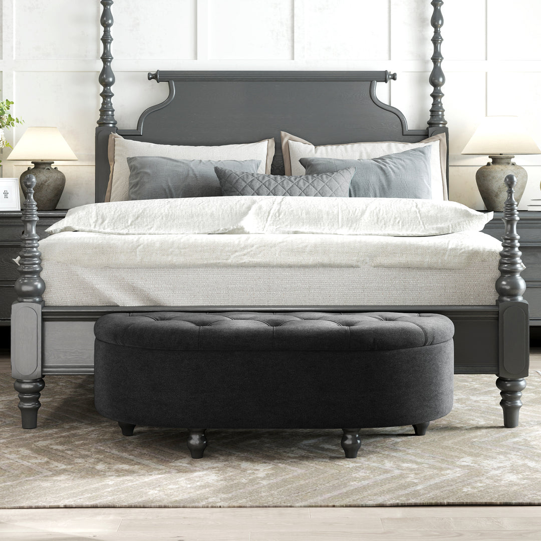 Skammel med opbevaringsplads, polstret sædekommode, soft-close låg, fløjlslook, 120 x 46 x 42 cm, mørkegrå