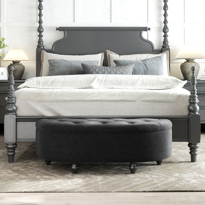 Skammel med opbevaringsplads, polstret sædekommode, soft-close låg, fløjlslook, 120 x 46 x 42 cm, mørkegrå