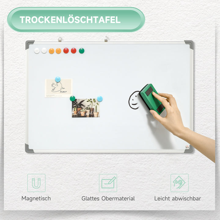Whiteboard, magnettavle, memoboard, inklusive tilbehør: 4 tuscher, 1 viskelæder, 10 magneter, hvid + sølv