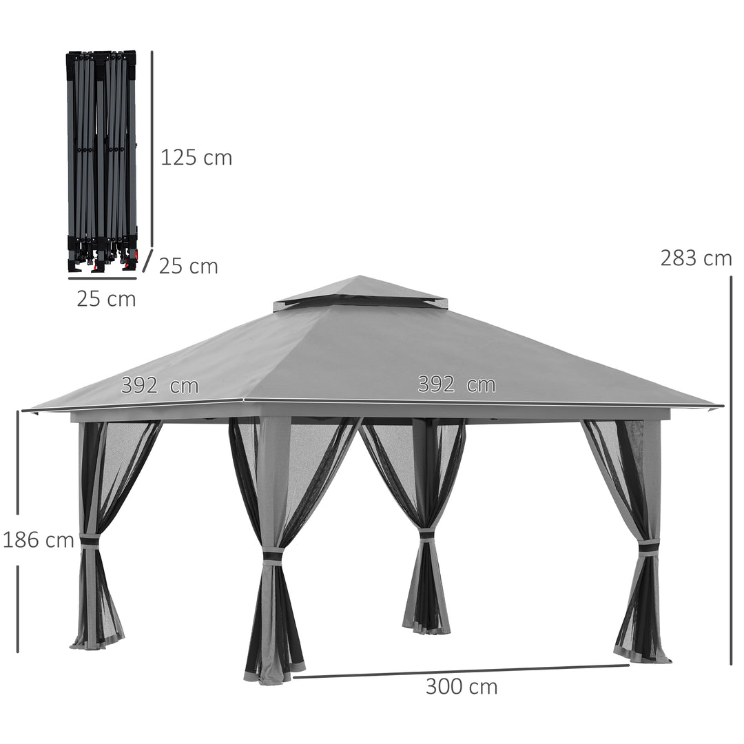 Foldbar pavillon, højdejusterbar, 4 netvægge, ventileret tag, bæretaske, hurtig montering, mørkegrå, 4 x 4 x 3 m