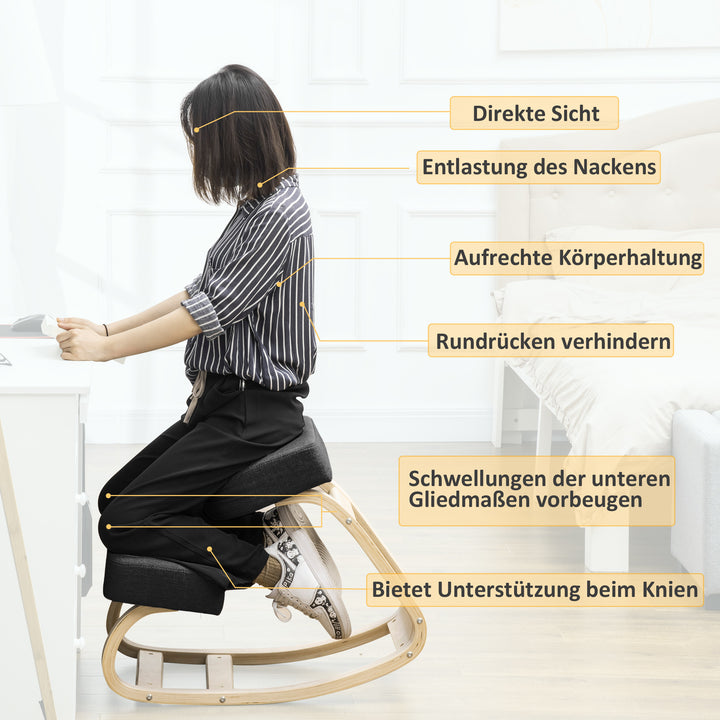 Knælestol, ergonomisk skammel, polstret skammel til sund siddestilling, birketræ, 120 kg lasteevne, sort