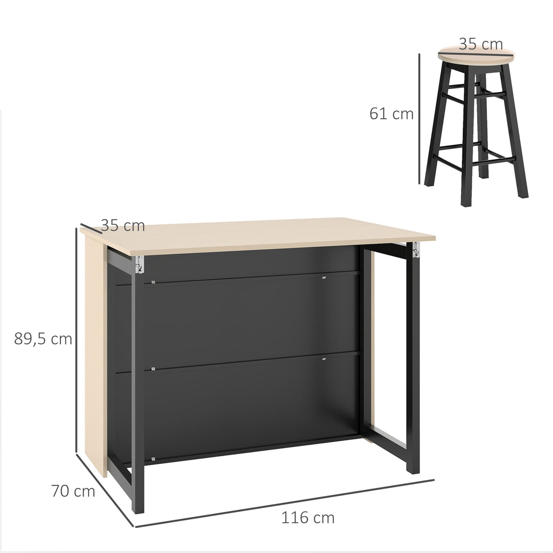 3-Delt barsæt, barbord med foldbar bordplade, 2 barstole, 6 opbevaringsrum, sort + eg, 116 x 70 x 89,5 cm