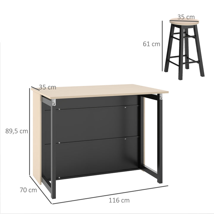 3-Delt barsæt, barbord med foldbar bordplade, 2 barstole, 6 opbevaringsrum, sort + eg, 116 x 70 x 89,5 cm