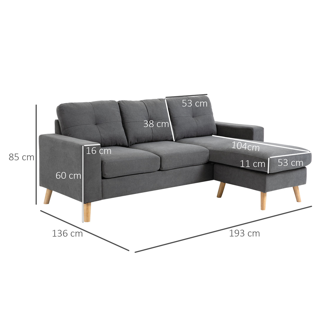 Hjørnesofa i skandinavisk design, med knapsyninger, massivt træ, linnedlook, grå