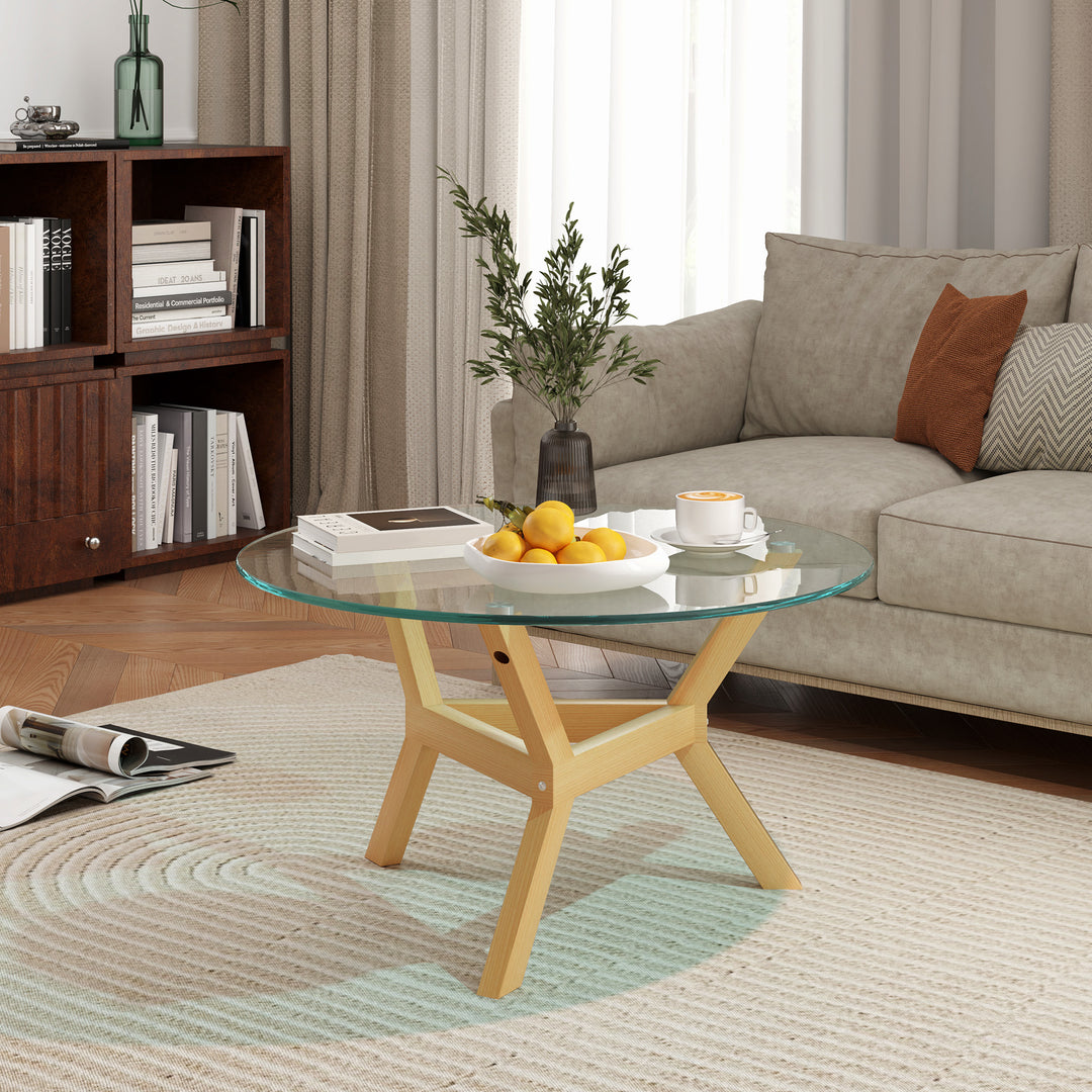 Rundt sidebord i hærdet glas med justerbare fodpuder og stålramme til stue, soveværelse