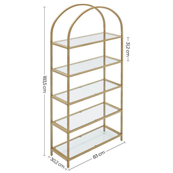 Metalreol med glashylder, 83 x 30 x 184 cm, farve: guld