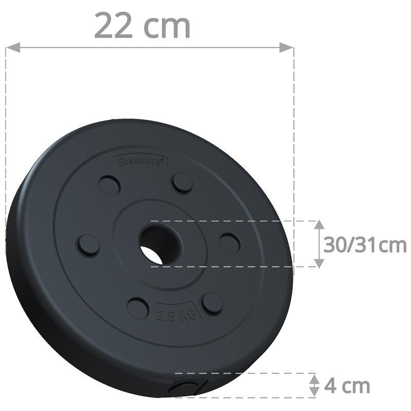 Vægtsæt - 20 kg Vægte (2x1,25/2x2,5/2x5 kg), 30mm, stang 120cm, krom, med fjederlås