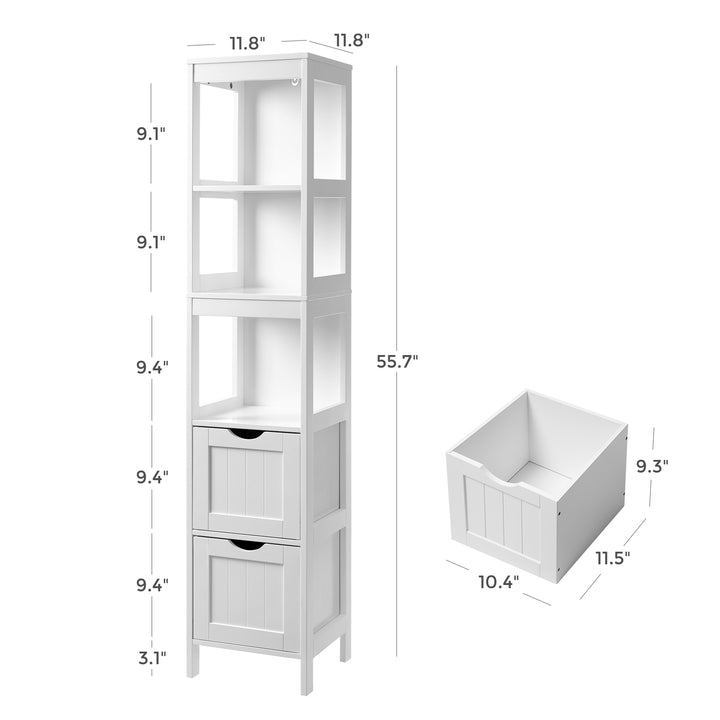 Høj skab til badeværelse, gulvopbevaring skab, med 2 skuffer og 3 åbne hylder, 30 x 30 x 141,5 cm, til badeværelse, stue, køkken, hvid - Lammeuld.dk