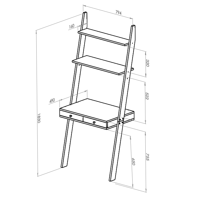 LENO Stigehylde Skrivebord 79x183cm - Asketræ / Mørkegrå